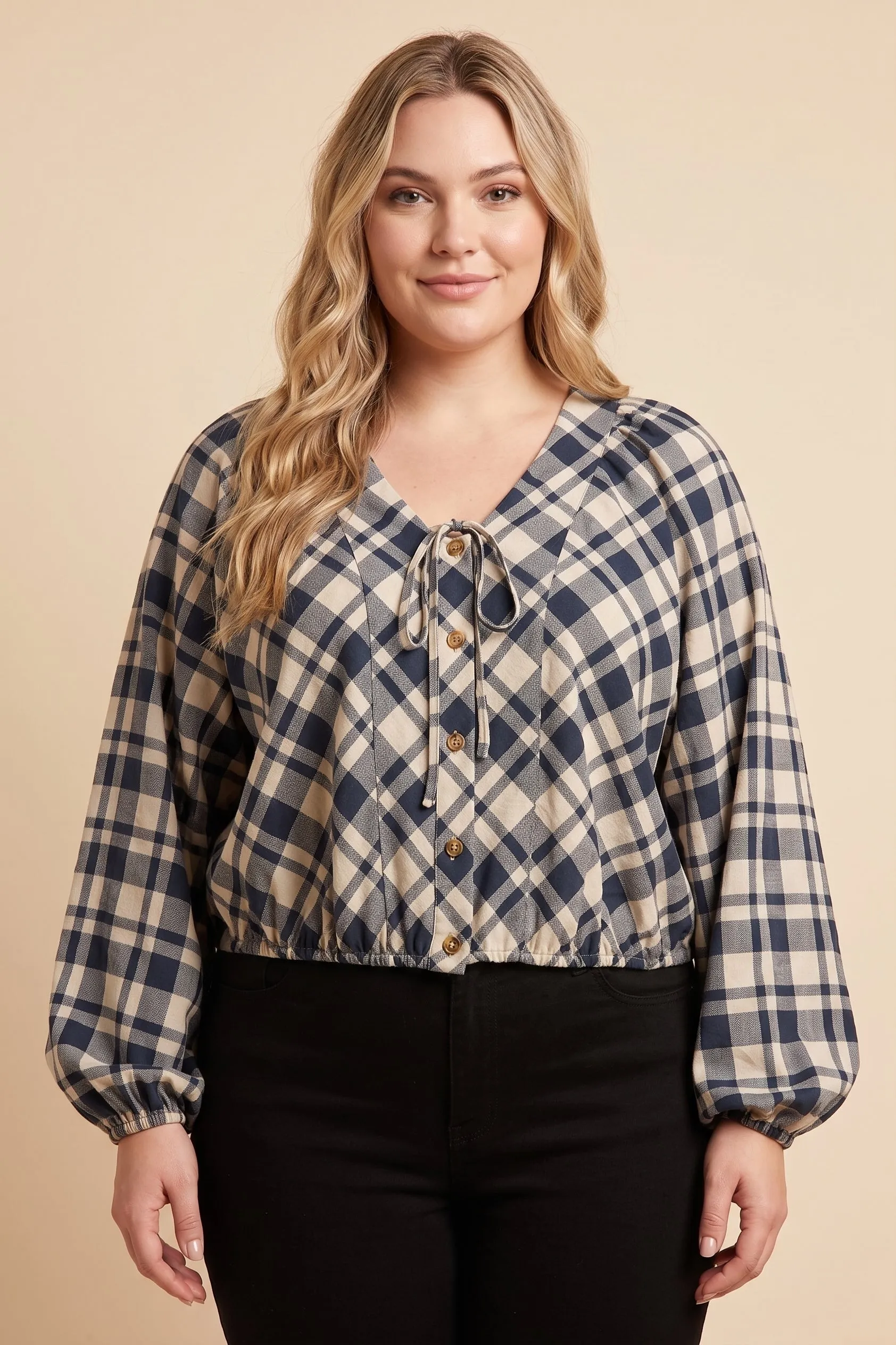Womens Tie Front Detail Checkered Peasant Blouse sold by Hayden product image thumbnail 4