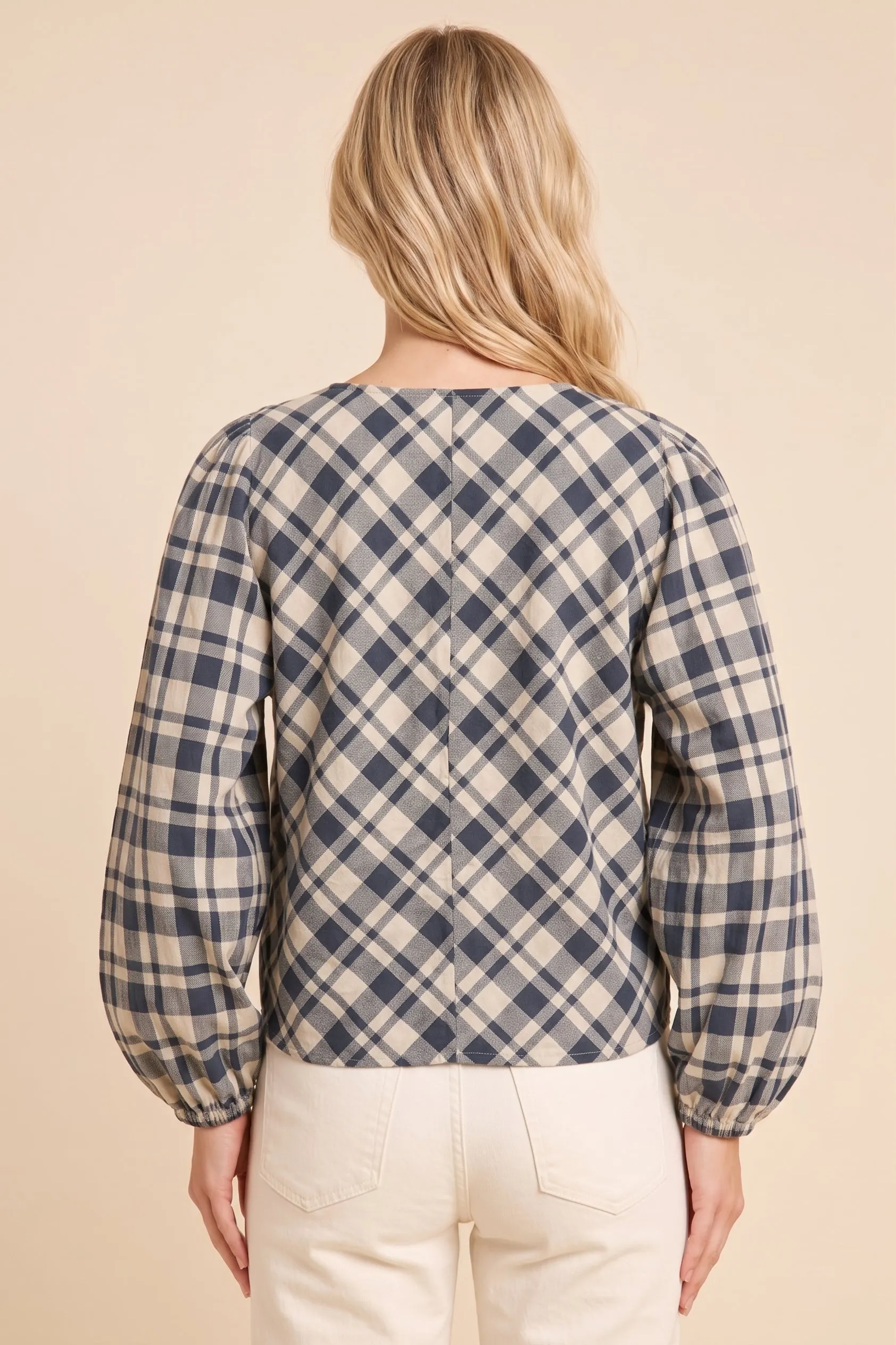 Womens Tie Front Detail Checkered Peasant Blouse sold by Hayden product image thumbnail 2