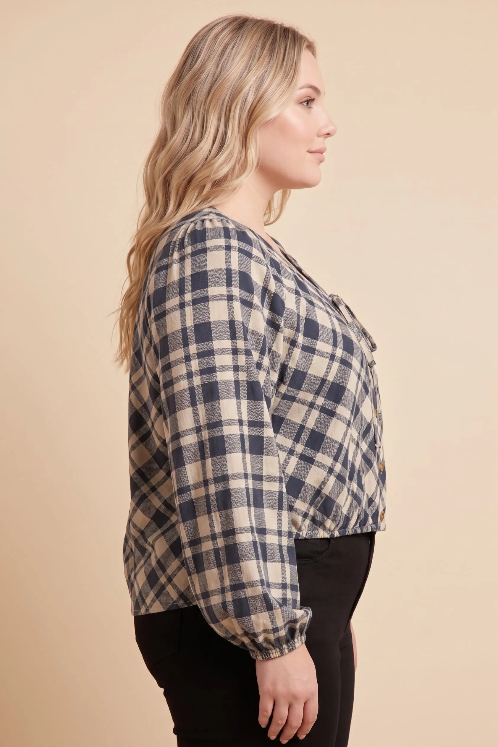 Womens Tie Front Detail Checkered Peasant Blouse sold by Hayden product image thumbnail 5