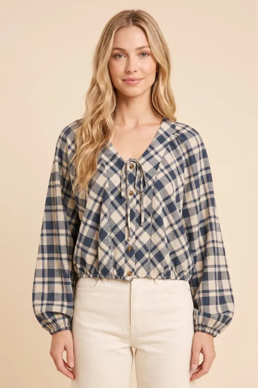 Womens Tie Front Detail Checkered Peasant Blouse made by Hayden