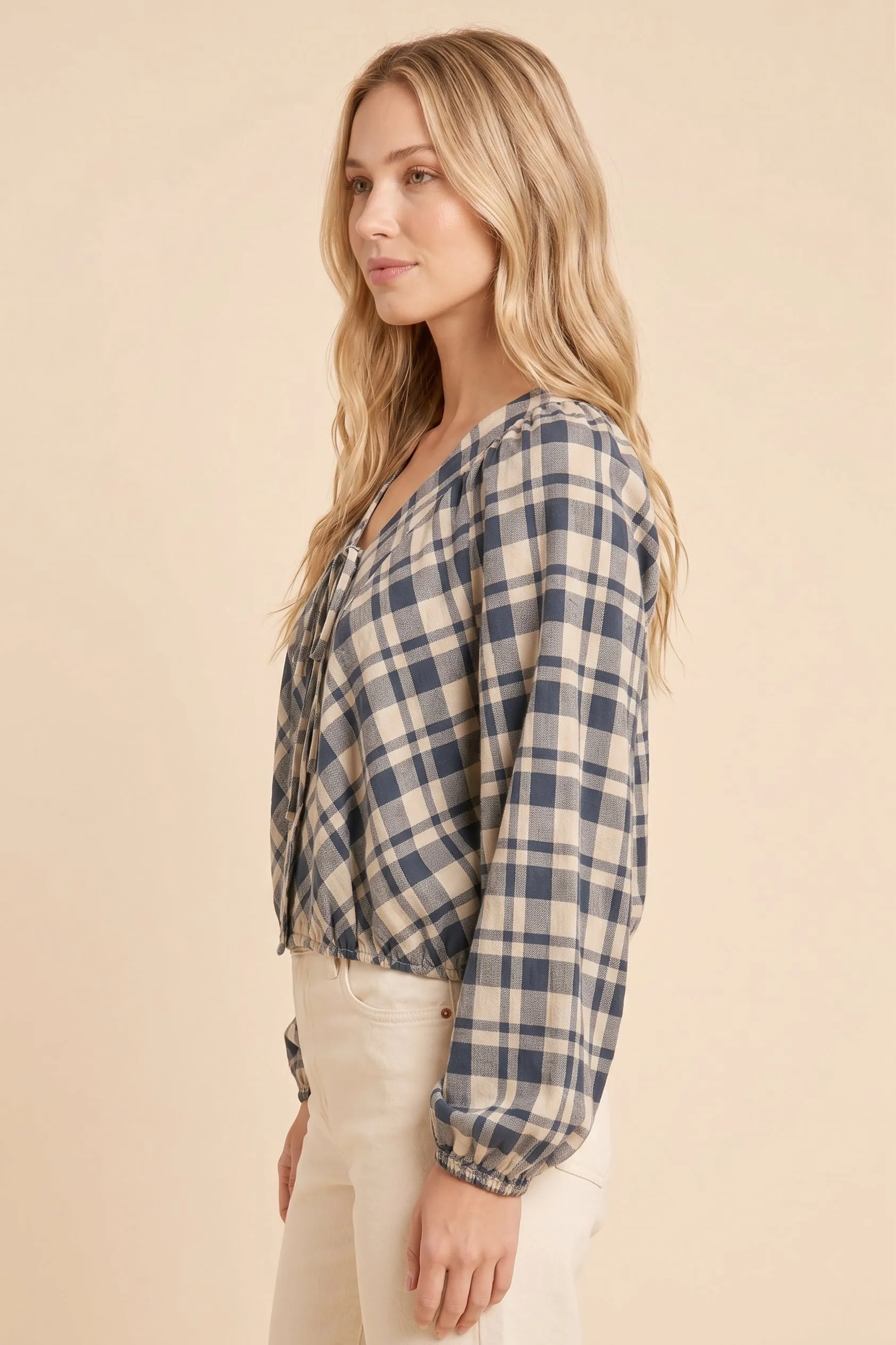 Womens Tie Front Detail Checkered Peasant Blouse sold by Hayden product image thumbnail 3