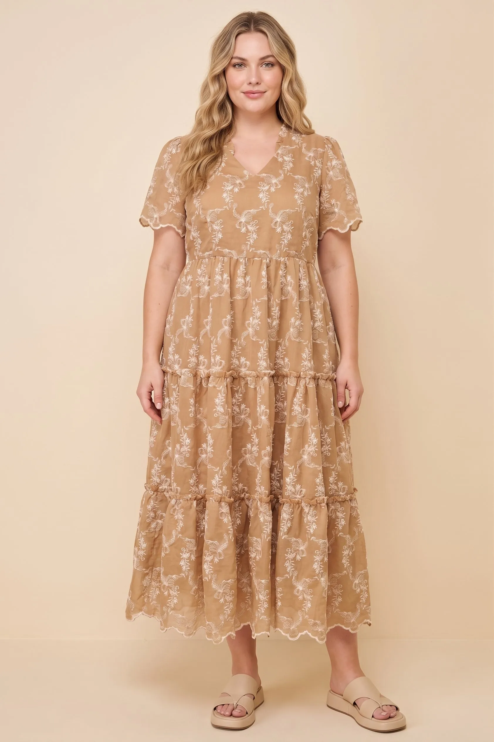 Womens Embroidered Scallop Hem V Neck Dress sold by Hayden product image thumbnail 4