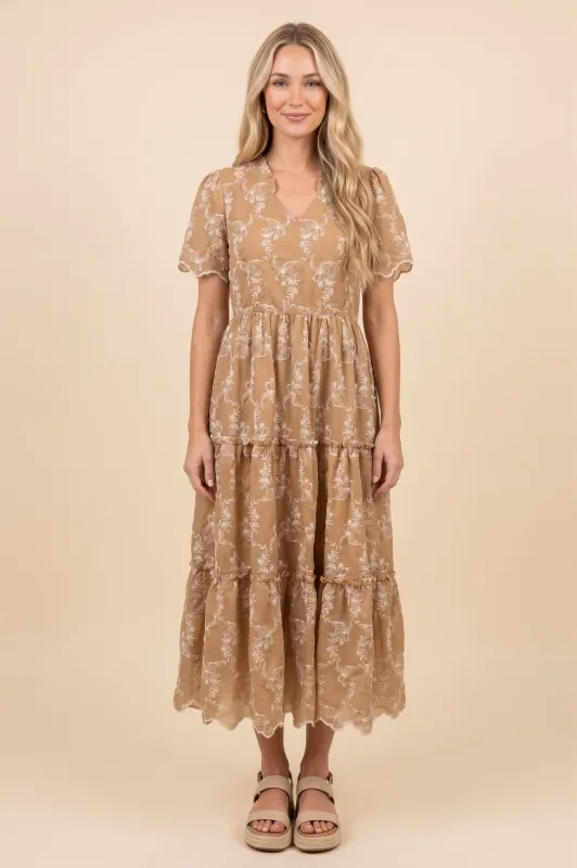 Womens Embroidered Scallop Hem V Neck Dress made by Hayden