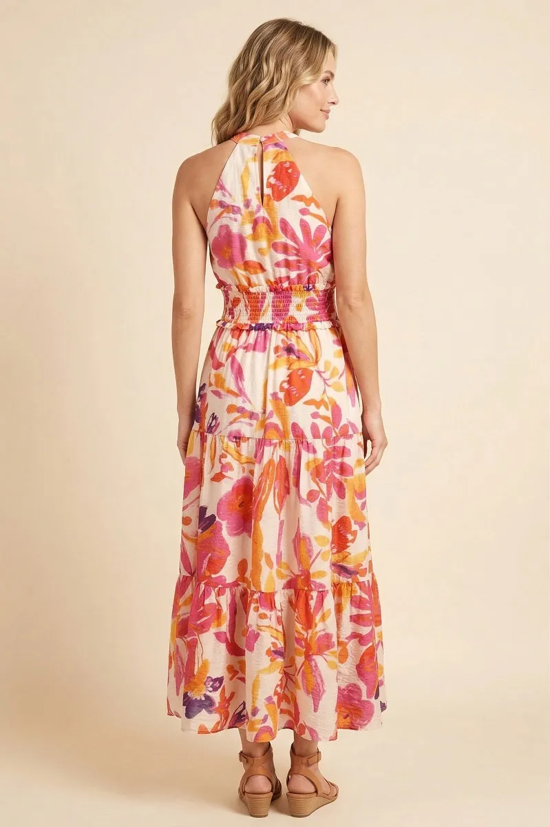 Womens Smocked Waist Resort Floral Hatler Neck Dress sold by Hayden product image thumbnail 3