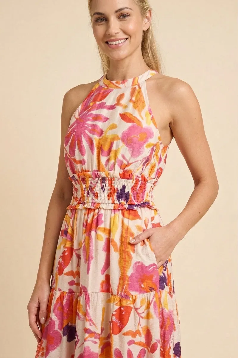 Womens Smocked Waist Resort Floral Hatler Neck Dress sold by Hayden product image thumbnail 4