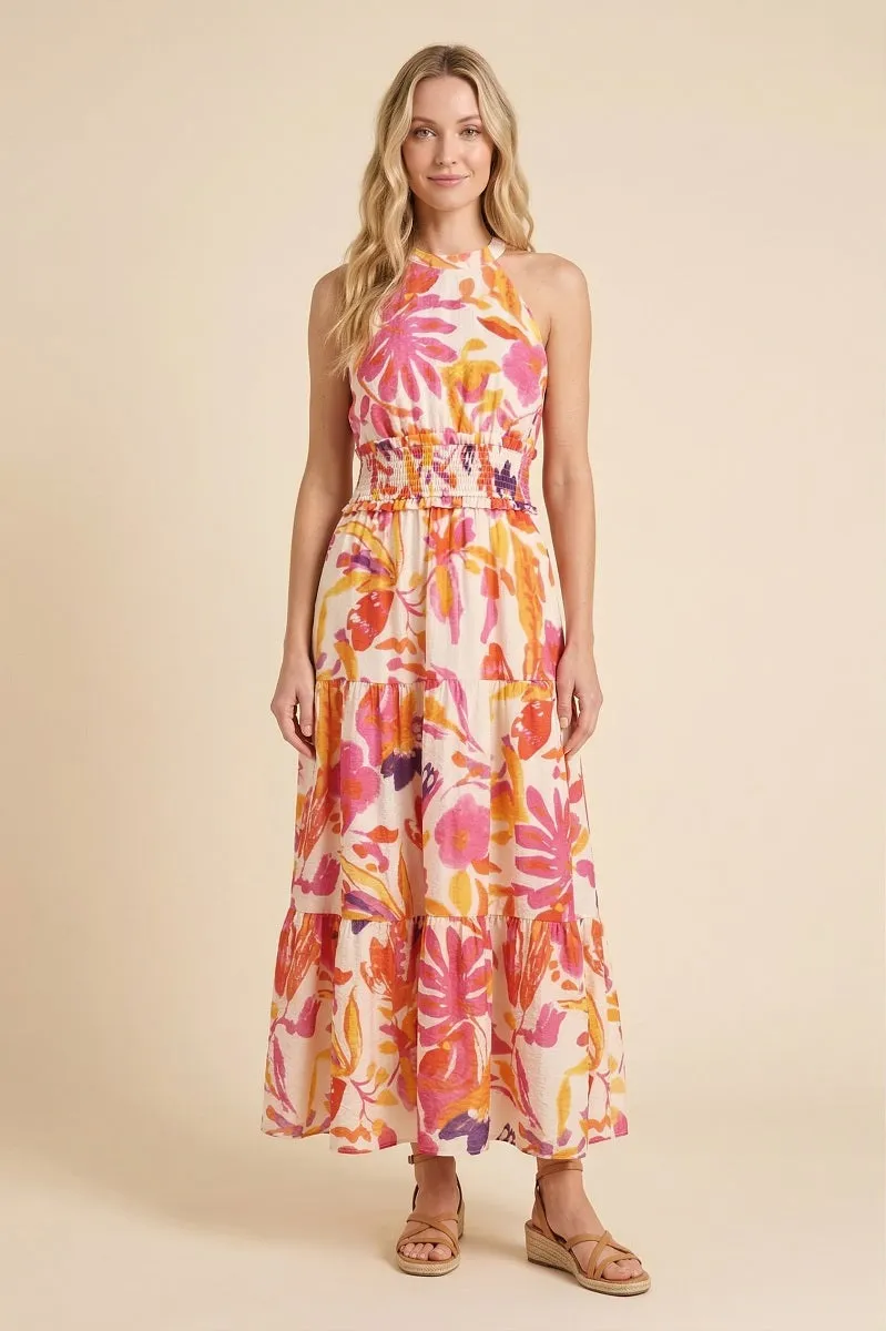 Womens Smocked Waist Resort Floral Hatler Neck Dress sold by Hayden