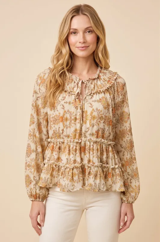 Womens Textured Vintage Floral Ruffle Detail Blouse made by Hayden