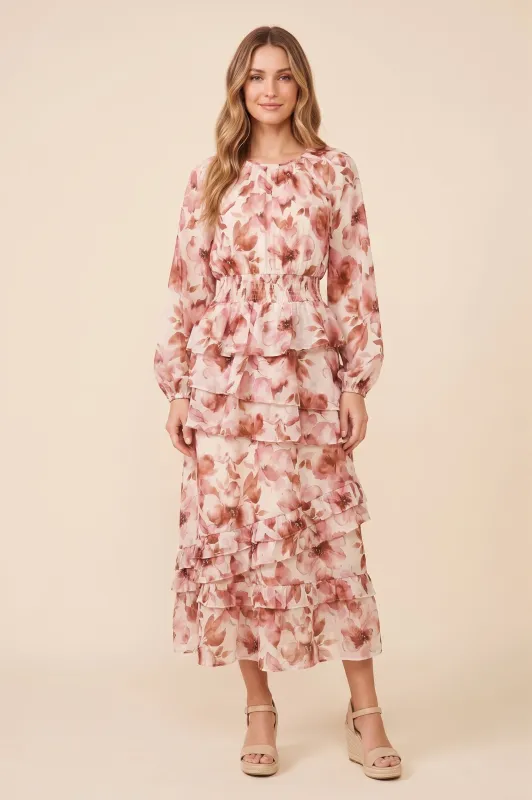 Womens Spiraling Ruffle Detailed Floral Dress made by Hayden