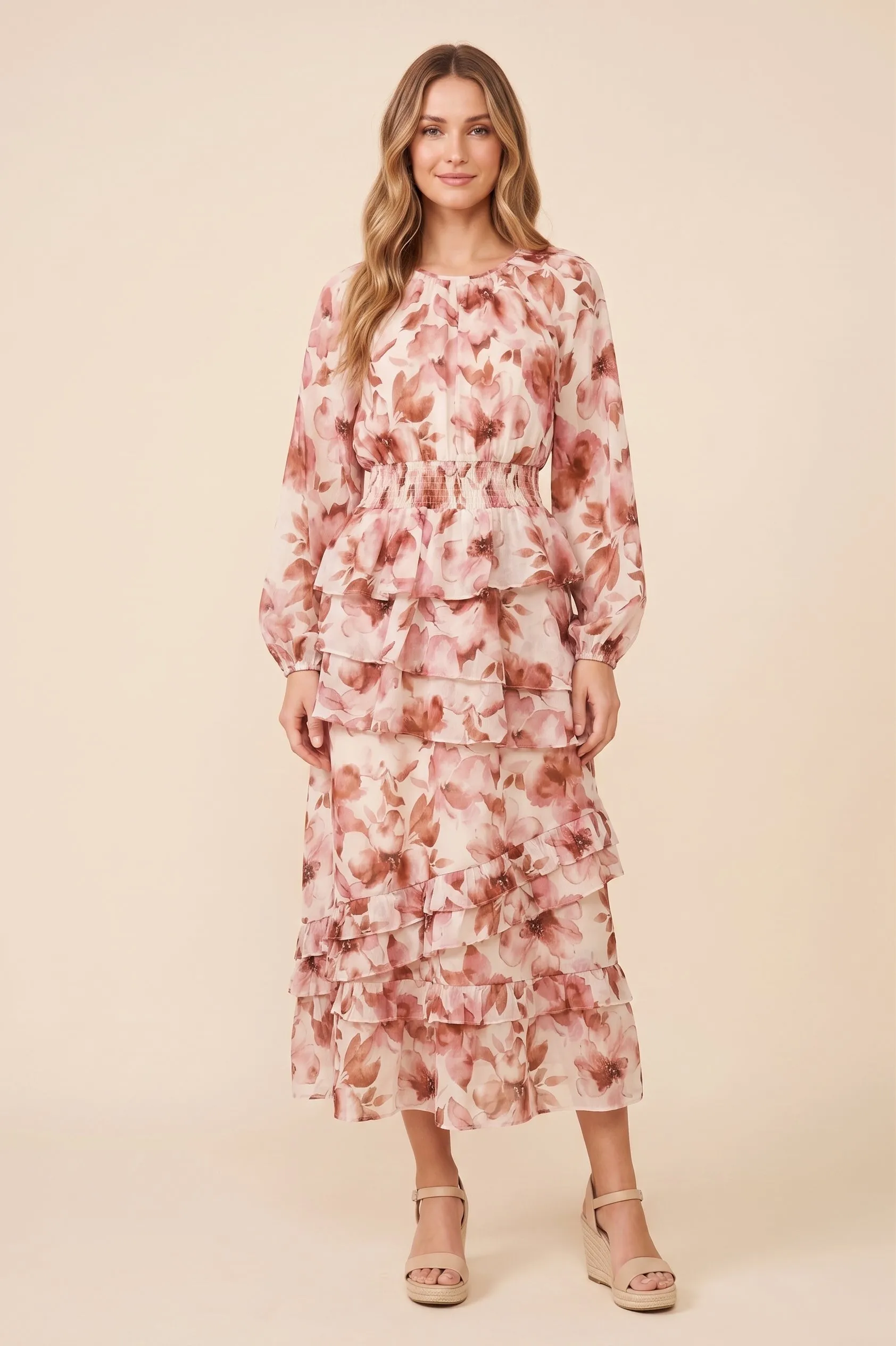 Womens Spiraling Ruffle Detailed Floral Dress sold by Hayden