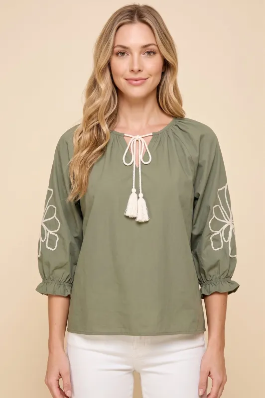 Womens Floral Trim Detailed Tassel Tie Top made by Hayden