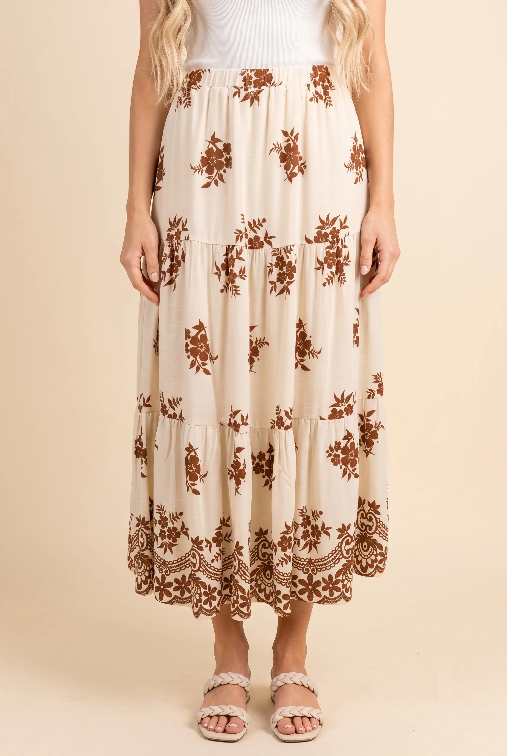 Womens Bordered Block Print Tiered Skirt sold by Hayden