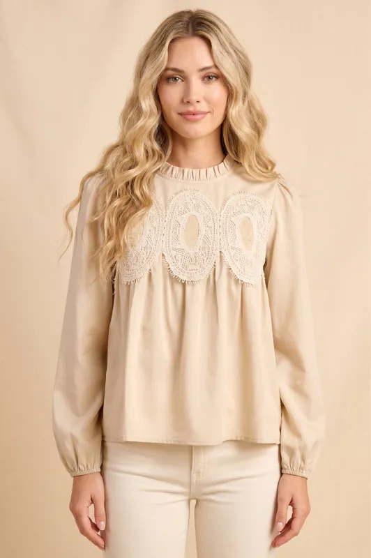 Womens Crochet Trimmed Ruffle Neck Top made by Hayden
