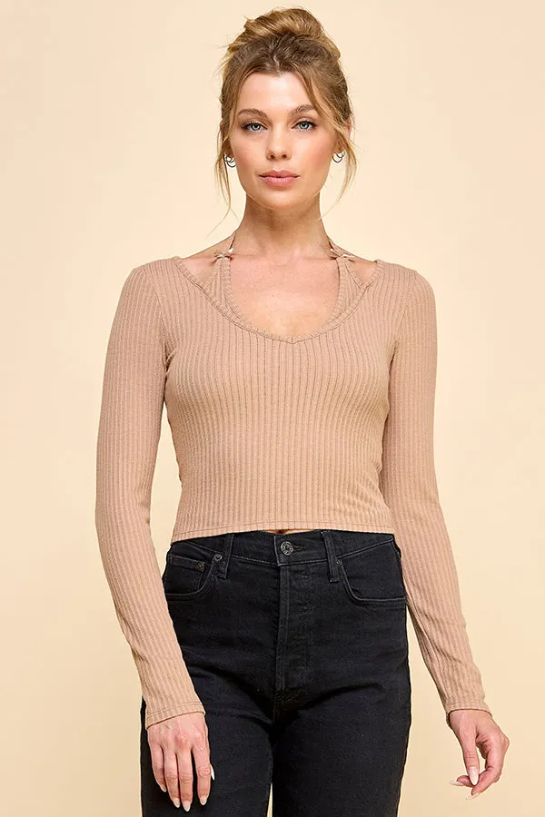 BOW TIE HALTER NECK LONG SLEEVE TOP sold by Heart & Hips product image thumbnail 2