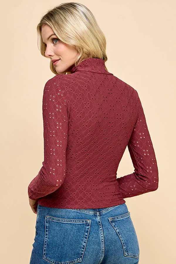 RUCHING MOCK NECK DOUBLE LAYERED EYELET KNIT TOP sold by Heart & Hips product image thumbnail 4