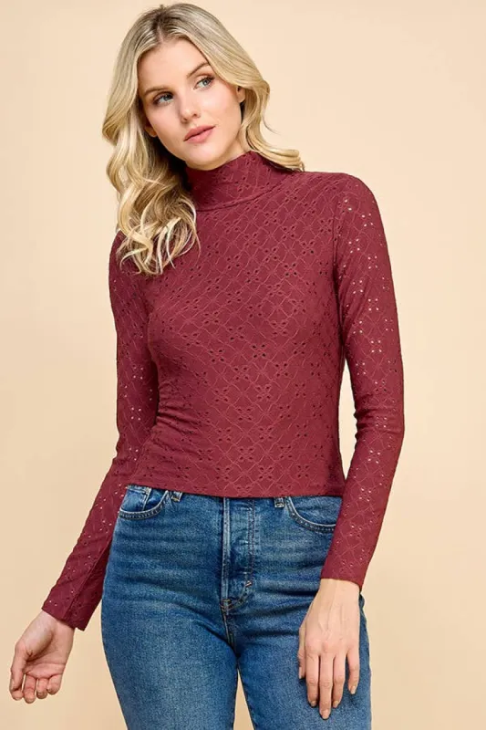 RUCHING MOCK NECK DOUBLE LAYERED EYELET KNIT TOP sold by Heart & Hips