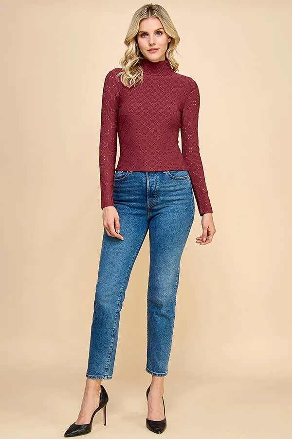 RUCHING MOCK NECK DOUBLE LAYERED EYELET KNIT TOP sold by Heart & Hips product image thumbnail 5