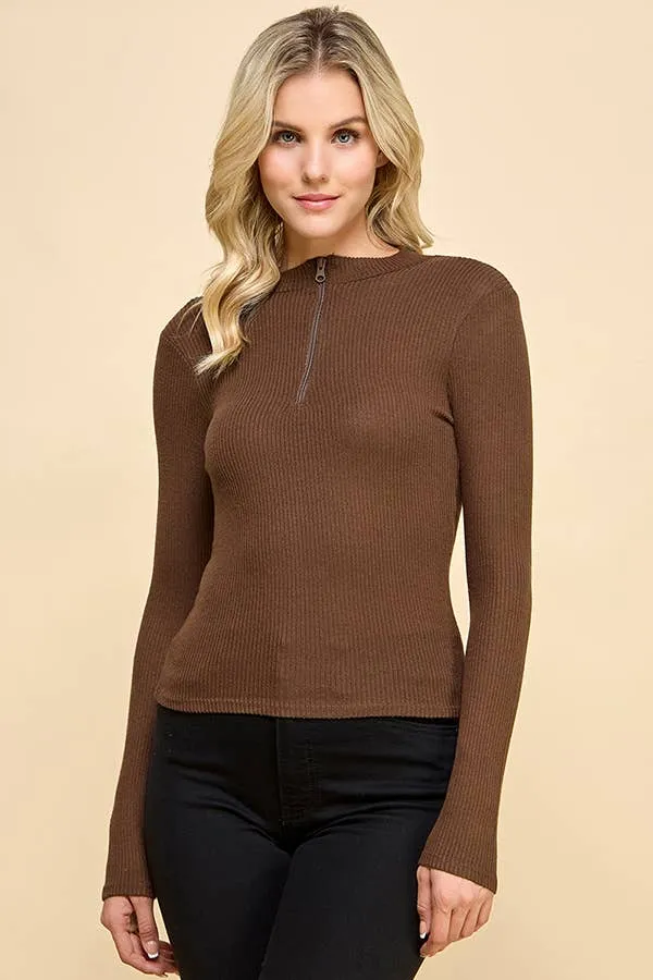 FRONT ZIP UP NECK BRUSHED HACCI RIB LONG SLEEVE TOP sold by Heart & Hips