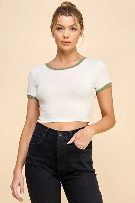CONTRAST REVERSE STITCH RINGER TOP sold by Heart & Hips