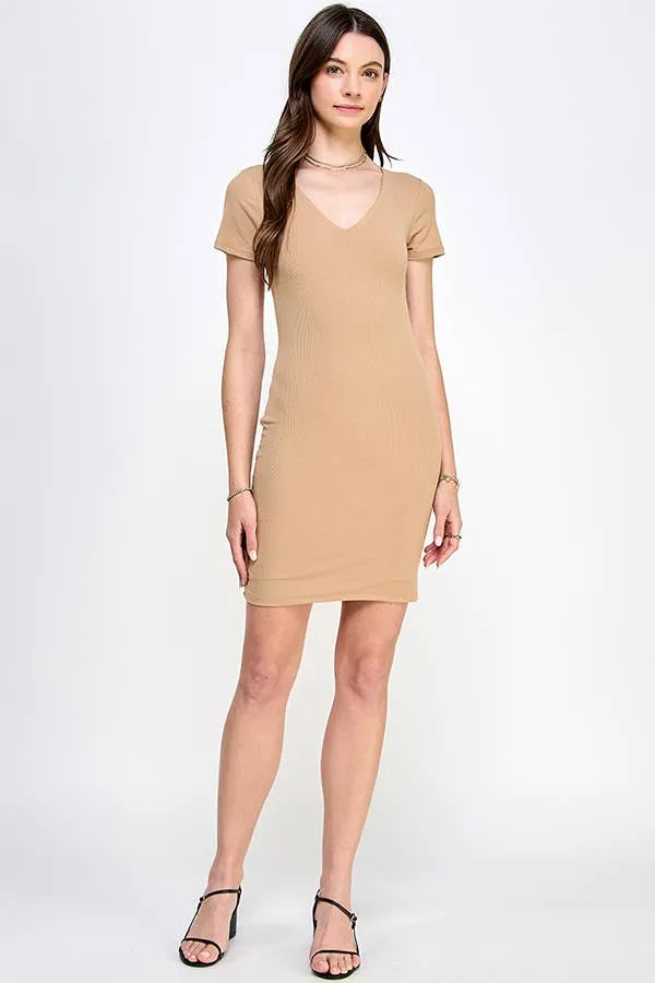 DOUBLE LAYERED V-NECK RIBBED SHORT SLEEVE MINI DRESS sold by Heart & Hips product image thumbnail 5