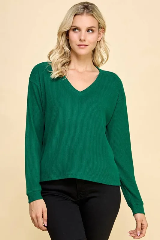 V-Neck Brushed Rib Hacci Relax Fit Long Sleeve Top sold by Heart & Hips