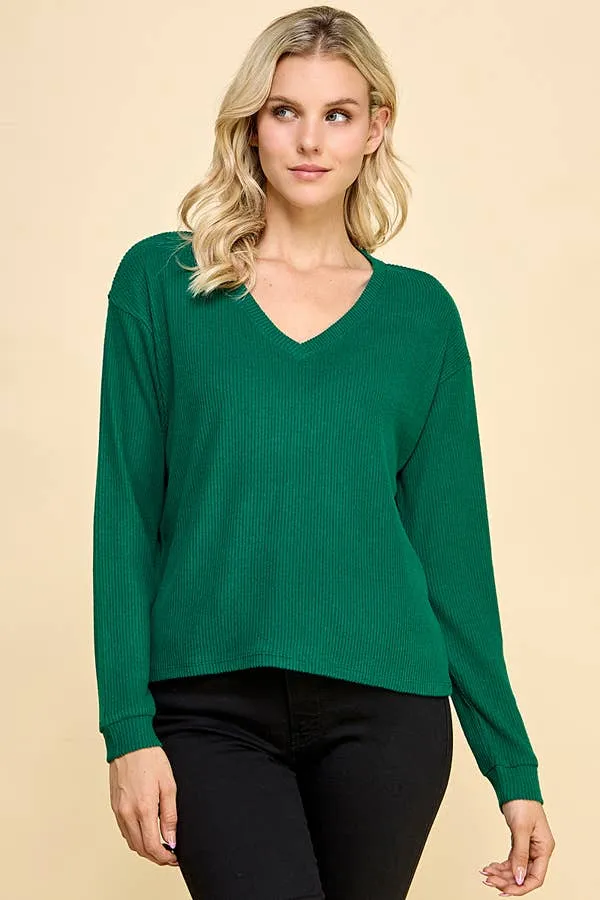 V-Neck Brushed Rib Hacci Relax Fit Long Sleeve Top sold by Heart & Hips