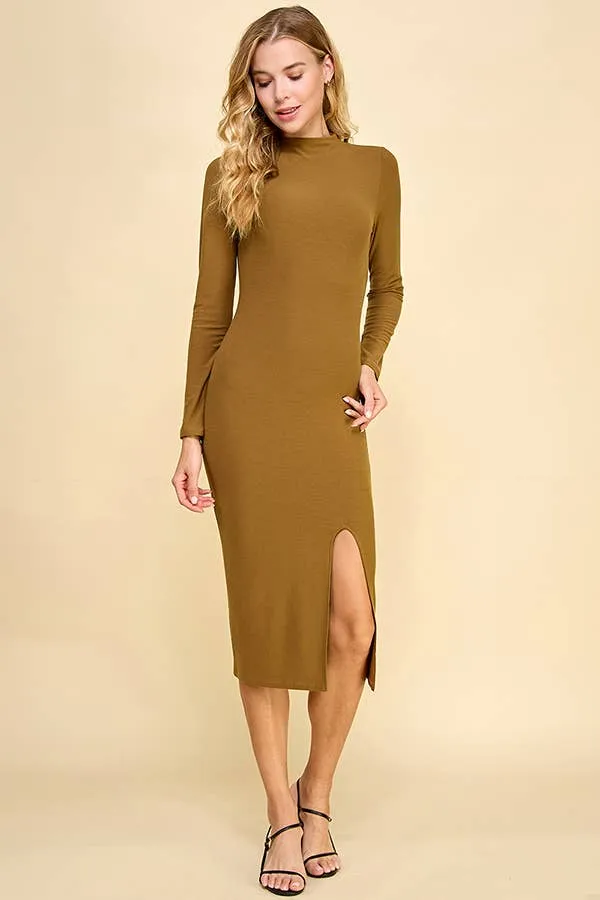 MOCK NECK FRONT SLIT LONG SLEEVE MIDI DRESS sold by Heart & Hips