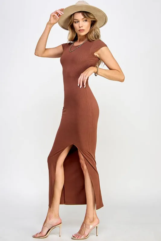 CREW NECK 4X2RIB SHORT SLEEVE SLIT MAXI DRESS sold by Heart & Hips