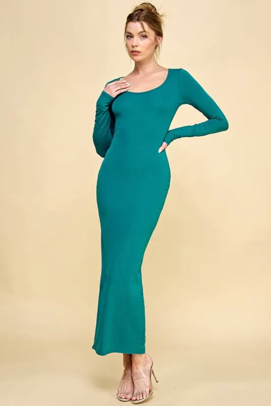SCOOP NECK MAXI BACK DEEP SLIT LONG SLEEVE DRESS sold by Heart & Hips