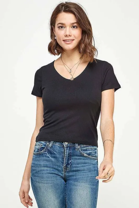 DOUBLE LAYERED FRONT V-NECK RIBBED TEE sold by Heart & Hips