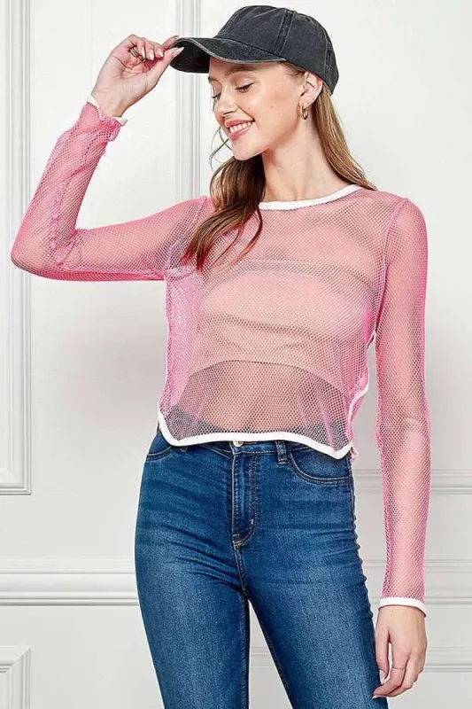 Fishnet Contrast Biding Crop Long Sleeve Top sold by Heart & Hips