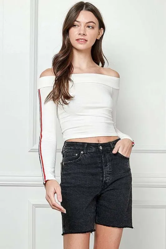 Off Shoulder Stripe Tape Sleeve Long Sleeve Top sold by Heart & Hips