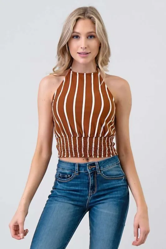 SMOCKING WAIST BAND STRIPE HALTER NECK TOP sold by Heart & Hips