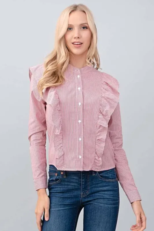 LONG SLEEVE BUTTON DOWN VERTICAL STRIPED WOVEN SHIRT WITH RUFFLE DETAIL sold by Heart & Hips