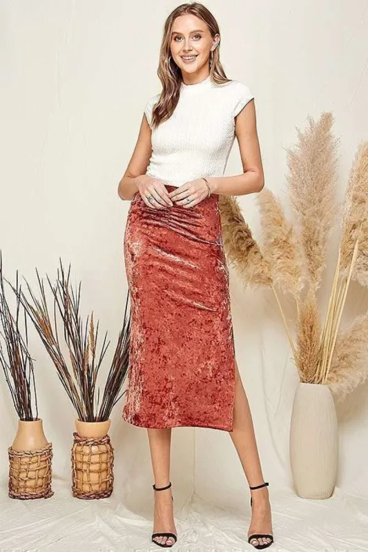 WAIST RUCHED CRUSHED VELVELT MIDI SKIRT sold by Heart & Hips