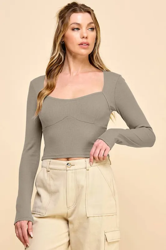 SQUARE NECKLINE W/ BUST CUT DETAIL RIB LONG SLEEVE TOP sold by Heart & Hips