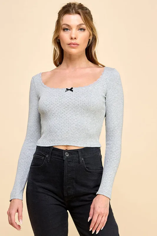 SQUARE NECK LACE TRIM BOW LONG SLEEVE TOP sold by Heart & Hips