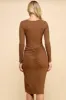 RCUHED DETAIL RIB FRONT SLIT LONG SLEEVE MIDI DRESS sold by Heart & Hips