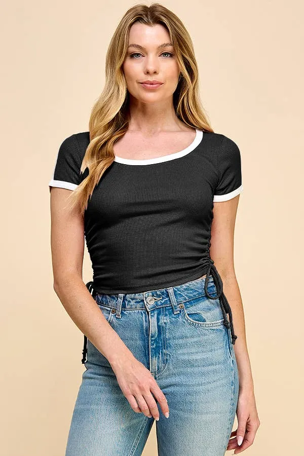 Short SLV Contrast Binding Ribbed Top sold by Heart & Hips