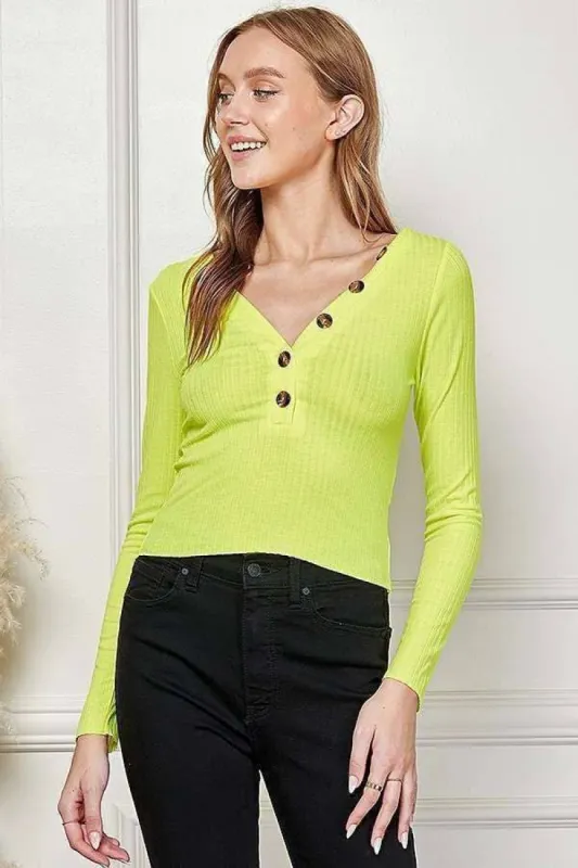 HENLEY NECK BUTTON DETAIL RIB LONG SLEEVE TOP sold by Heart & Hips