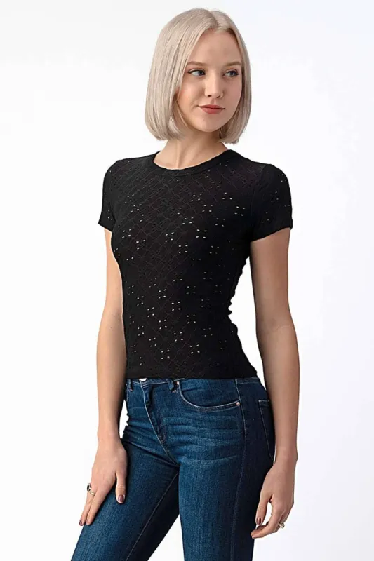 Crew Neck Knit Eyelet Short Sleeve Tee sold by Heart & Hips