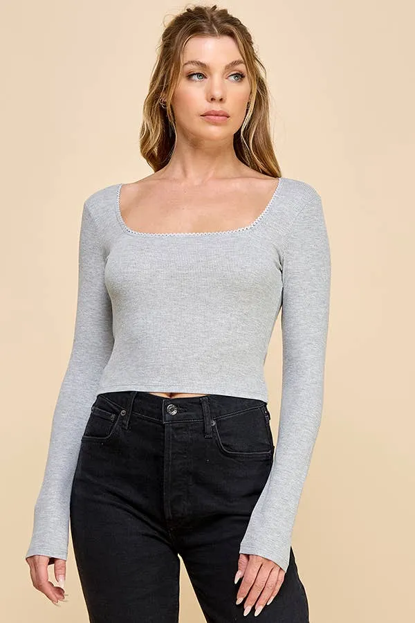 DELICATE LACE TRIMMED SQUARE NECK LONG SLEEVE TOP sold by Heart & Hips