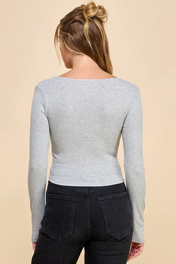 DELICATE LACE TRIMMED SQUARE NECK LONG SLEEVE TOP sold by Heart & Hips product image thumbnail 3