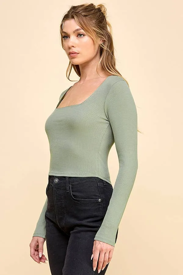 DELICATE LACE TRIMMED SQUARE NECK LONG SLEEVE TOP sold by Heart & Hips product image thumbnail 5