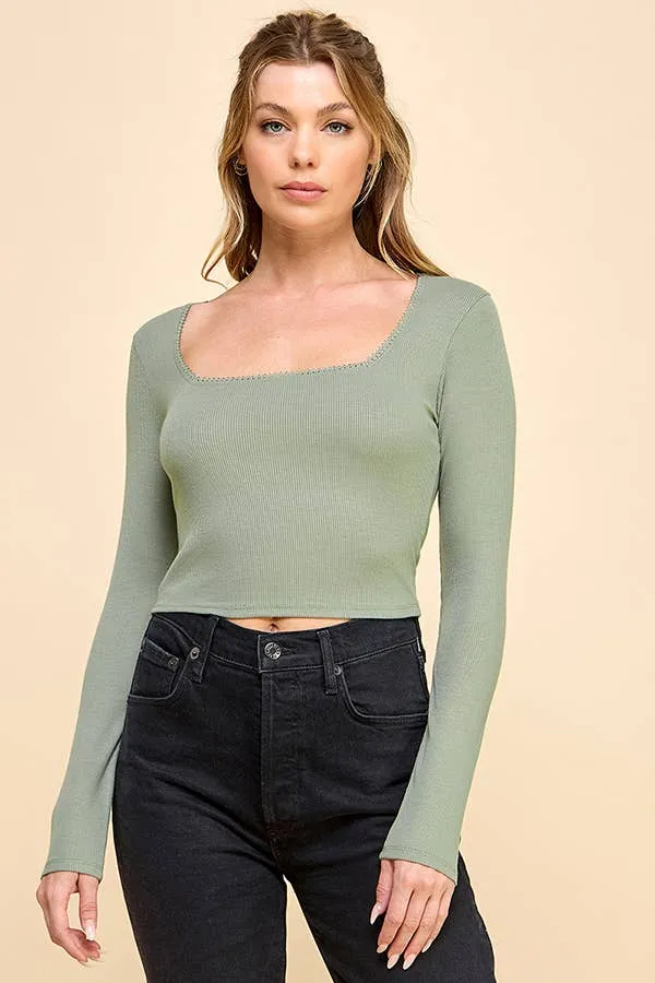 DELICATE LACE TRIMMED SQUARE NECK LONG SLEEVE TOP sold by Heart & Hips product image thumbnail 4