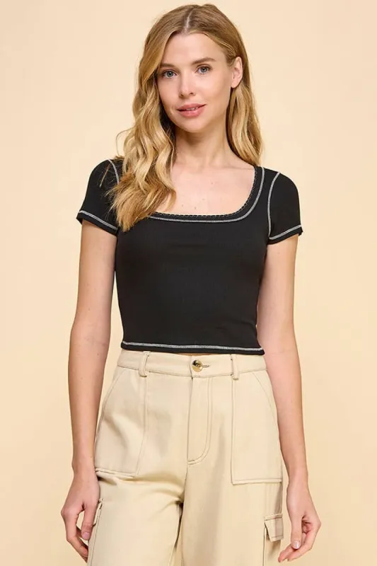 SQUARE NECK RIBBED TOP W/ SCALLOP STITCH DETAIL sold by Heart & Hips