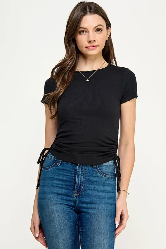 SHORT SLEEVE CREW NECK RIBBED TOP WITH SIDE RUCHED DETAIL sold by Heart & Hips