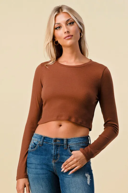 Crew Neck Rib Slit Detail Crop Long Sleeve Top sold by Heart & Hips