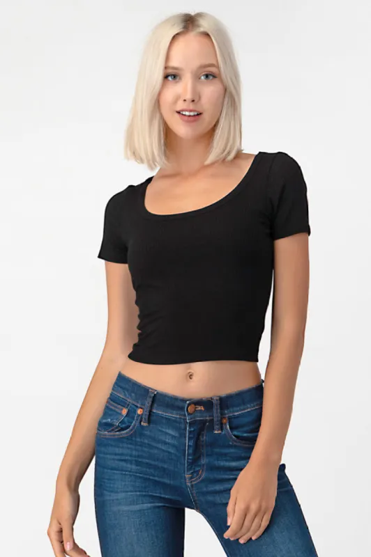 BANDED NECK DETAIL RIB SHORT SLEEVE TOP sold by Heart & Hips