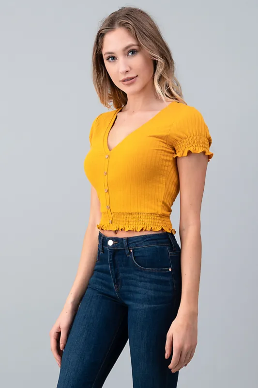 BUTTON DOWN SMOKCED CROP RIB TOP sold by Heart & Hips