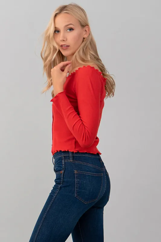 Front Button Detail Off Shoulder Long Sleeve Top sold by Heart & Hips
